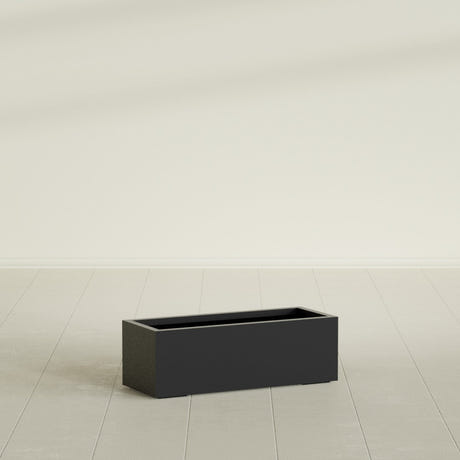 Cuba Low Rectangular Planter in Matte Black, 36"L × 14"D × 12"H, shown empty