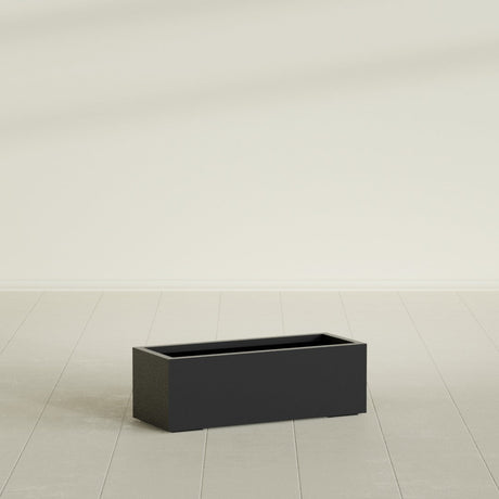 Cuba Low Rectangular Planter in Matte Black, 36"L × 14"D × 12"H, shown empty