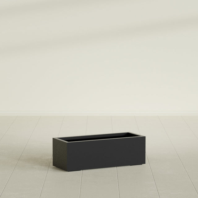 Cuba Low Rectangular Planter in Matte Black, 36"L × 14"D × 12"H, shown empty