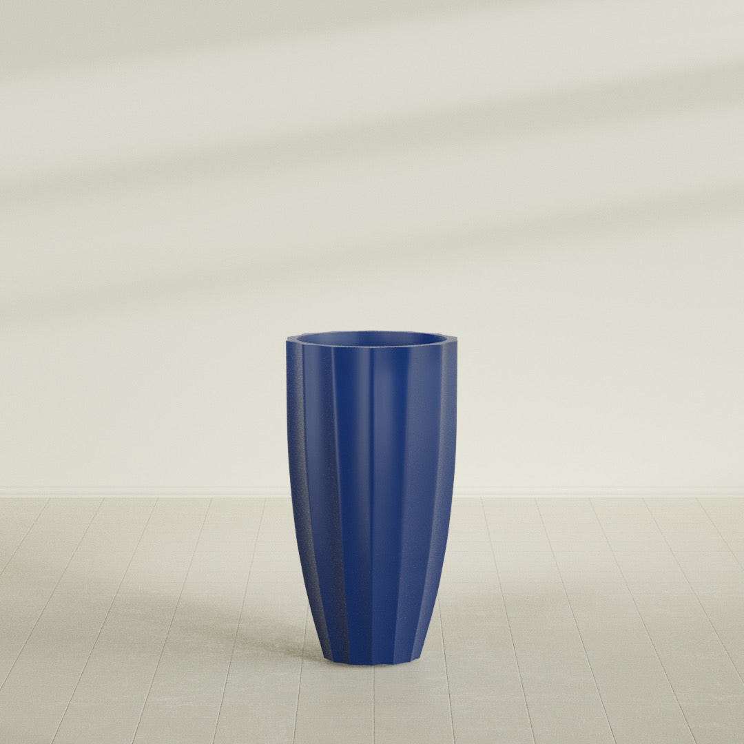 San Jose Tall Fluted Planter in Matte Cobalt Blue, 22"D × 40"H, shown empty
