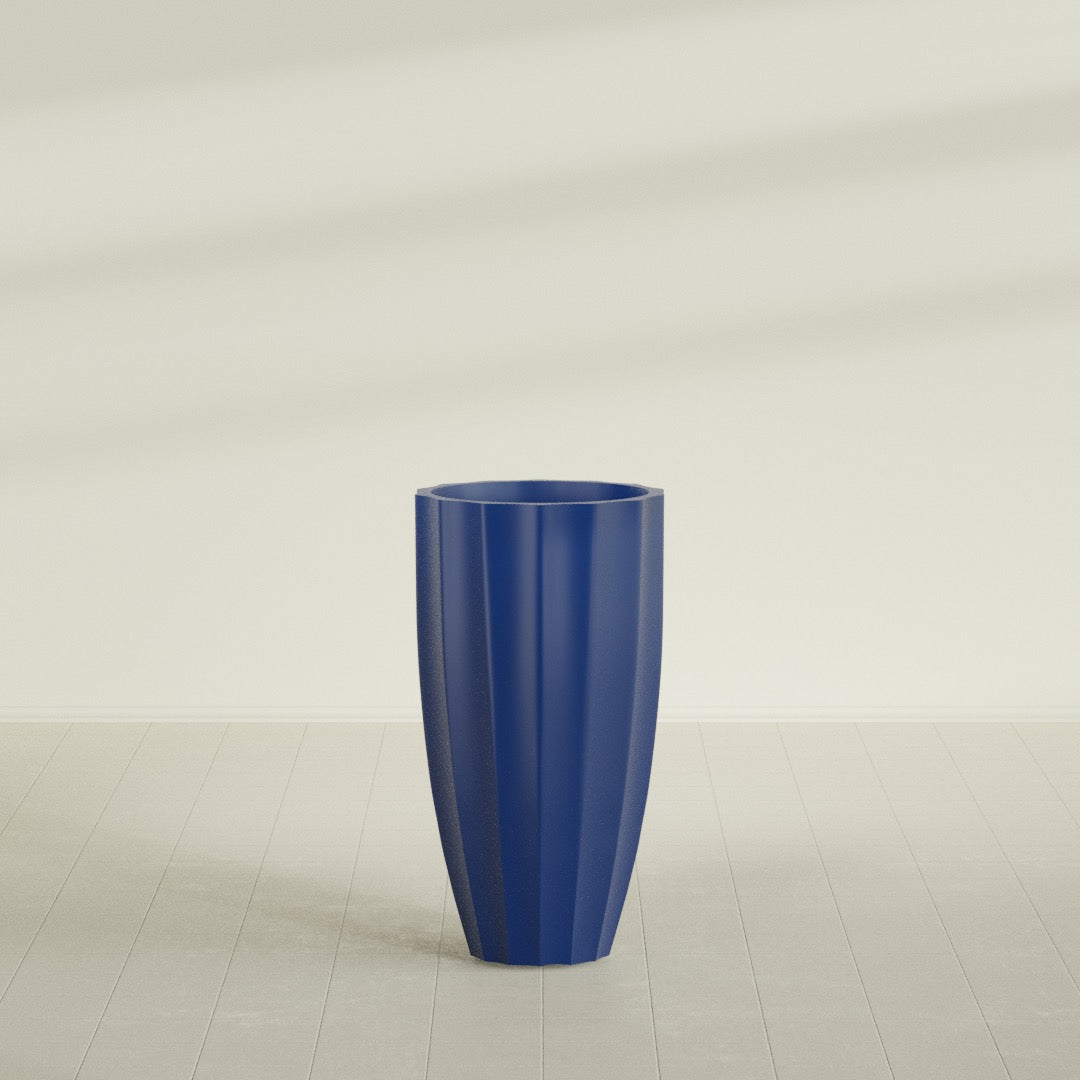 San Jose Tall Fluted Planter in Matte Cobalt Blue, 22"D × 40"H, shown empty