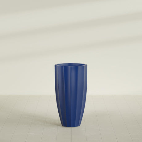San Jose Tall Fluted Planter in Matte Cobalt Blue, 22"D × 40"H, shown empty