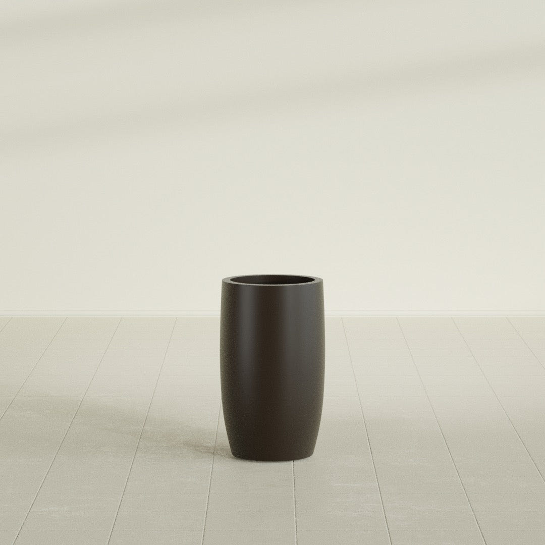 Lisbon tall round tapered fiberglass planter in Matte Dark Brown, 14 in diameter, 25 in high, shown empty