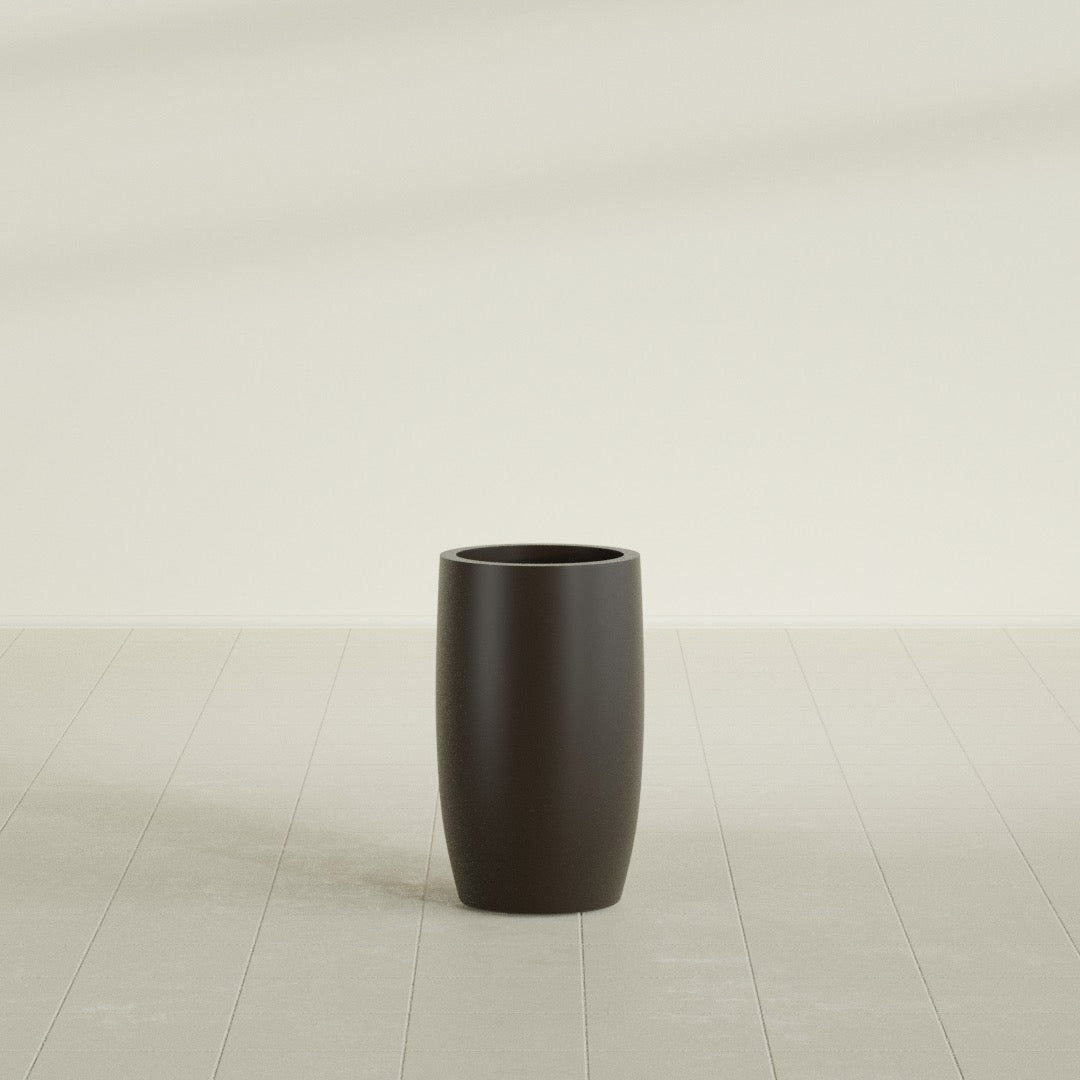 Lisbon tall round tapered fiberglass planter in Matte Dark Brown, 14 in diameter, 25 in high, shown empty