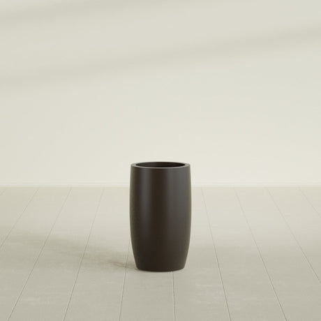 Lisbon tall round tapered fiberglass planter in Matte Dark Brown, 14 in diameter, 25 in high, shown empty