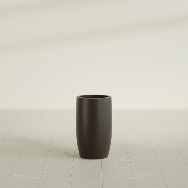 Lisbon tall round tapered fiberglass planter in Matte Dark Brown, 14 in diameter, 25 in high, shown empty