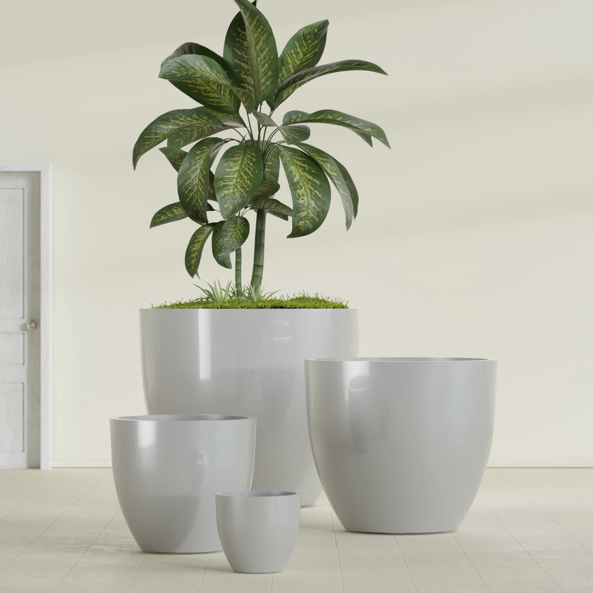 Wannsee Round fiberglass planter in Metallic Silver, size range, in a sunlit interior