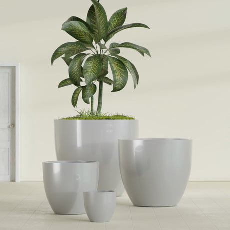 Wannsee Round fiberglass planter in Metallic Silver, size range, in a sunlit interior