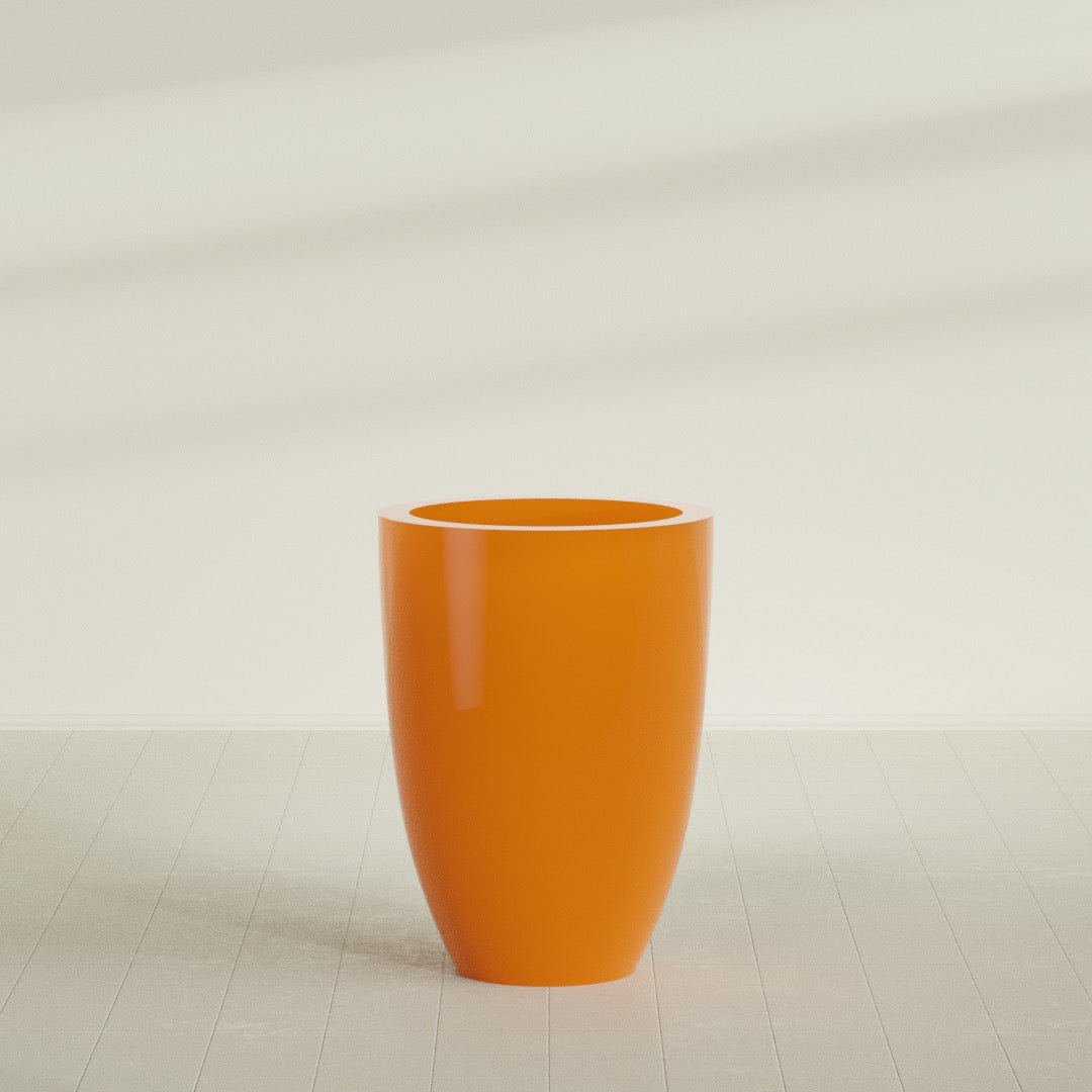 Brannan Tapered Round Planter in Gloss Tangerine, 30"D × 41"H, shown empty