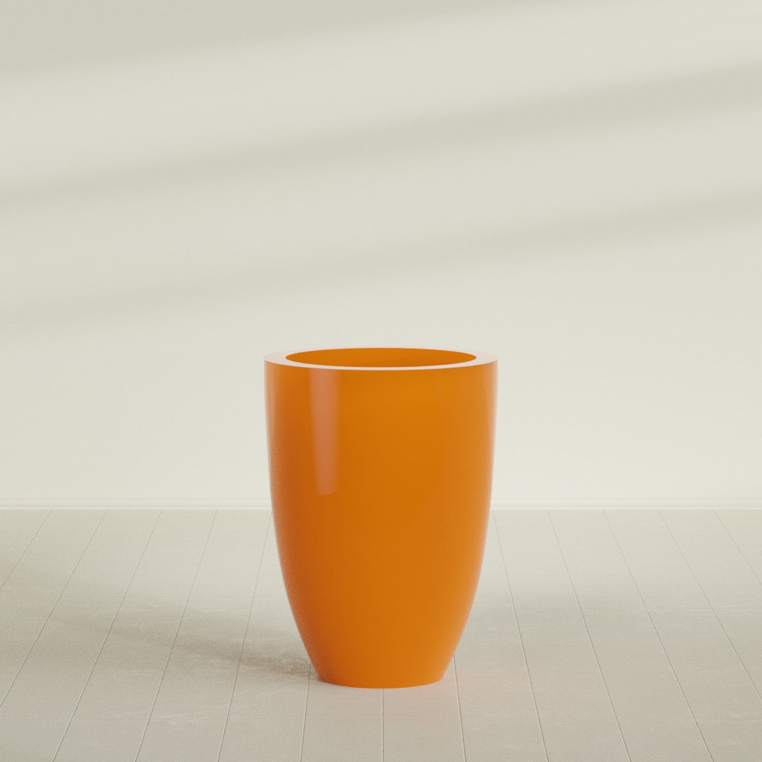 Brannan Tapered Round Planter in Gloss Tangerine, 30"D × 41"H, shown empty
