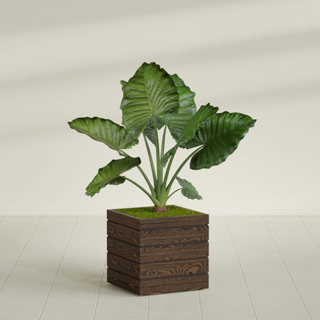 Asheville Cube planter in textured walnut, shown planted, in a sunlit interior