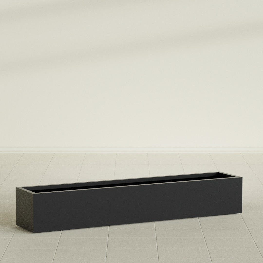 Cuba Low Rectangular Planter in Matte Black, 72"L × 14"D × 12"H, shown empty
