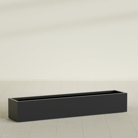 Cuba Low Rectangular Planter in Matte Black, 72"L × 14"D × 12"H, shown empty
