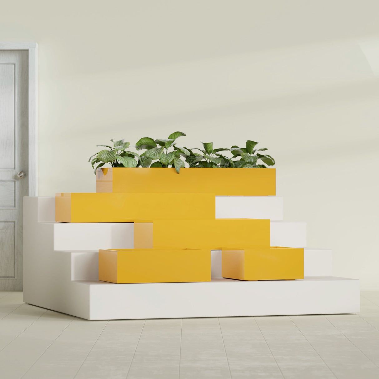 Antwerp Rectangular fiberglass planter in Gloss Saffron, size range, in a sunlit interior
