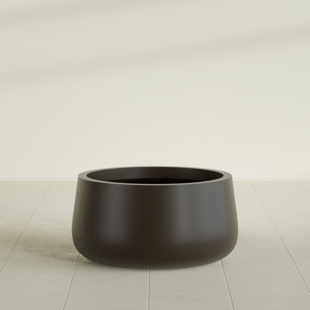 Short Hayden Bowl Planter in Matte Dark Brown, 20"D × 10"H, shown empty