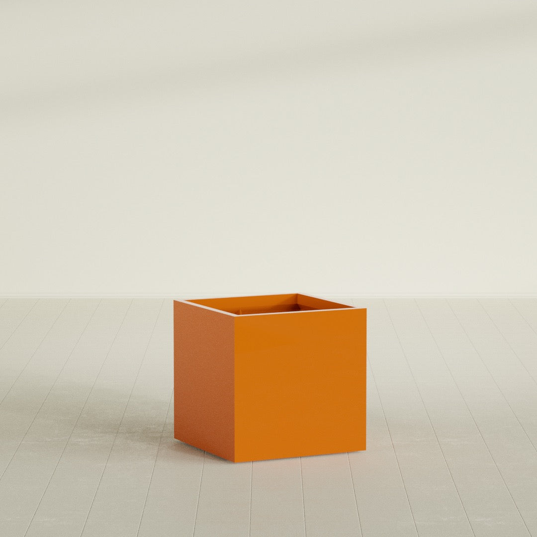 Montroy Cube Planter in Gloss Tangerine, 28", shown empty