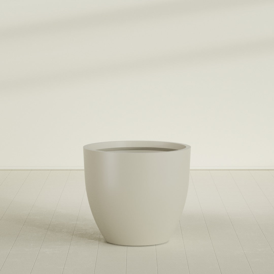 Wannsee Round Planter in Satin Beige, 44"D × 39"H, shown empty