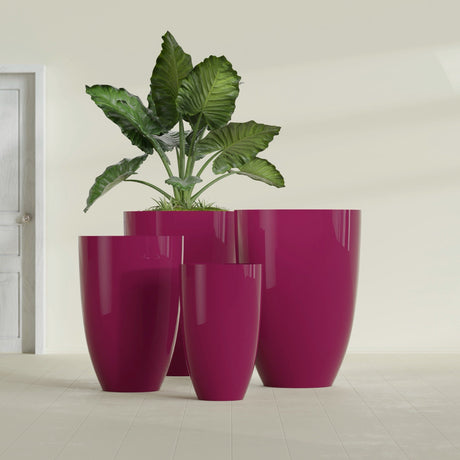 Brannan Tapered Round fiberglass planter in Gloss Eggplant, size range, in a sunlit interior
