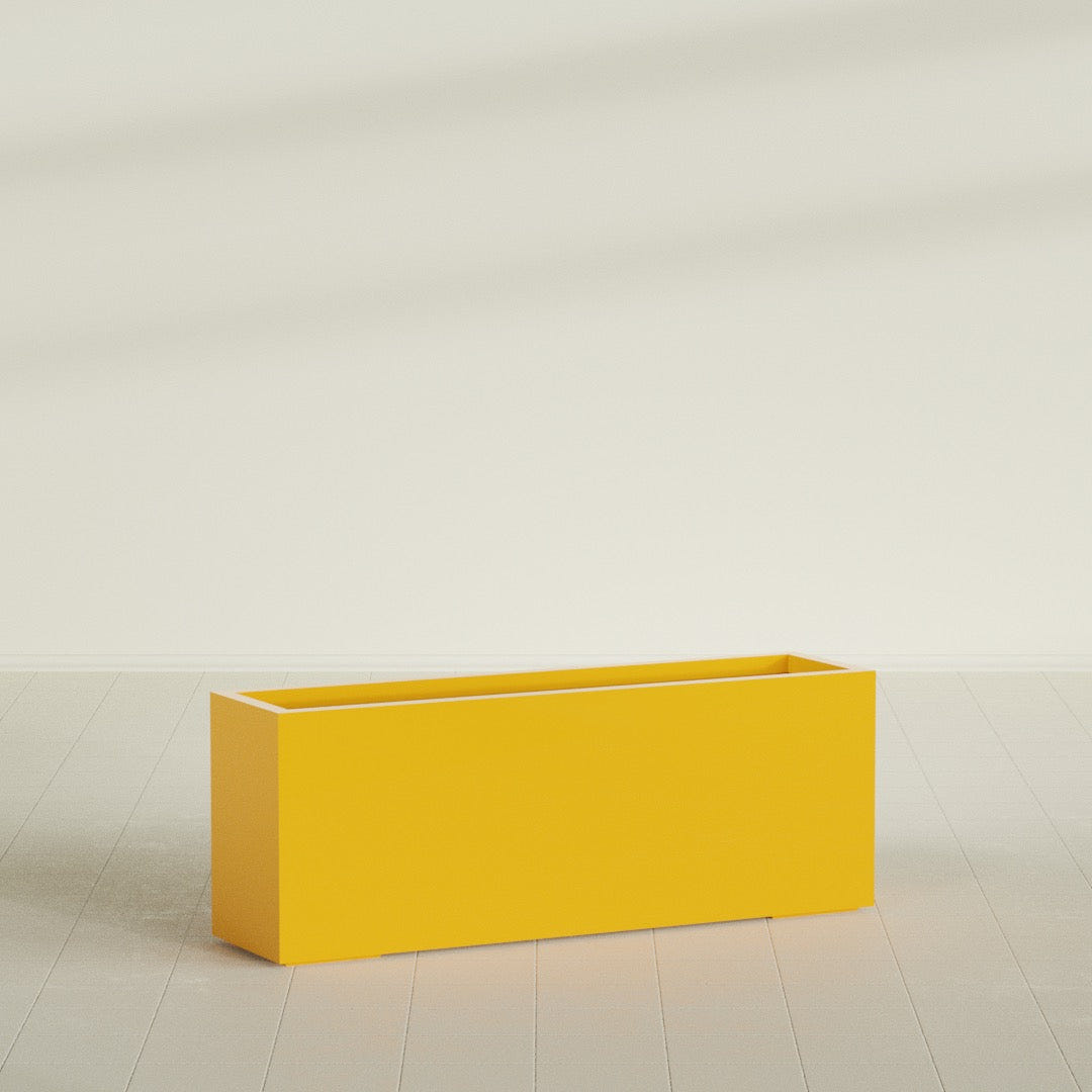 Miami Narrow Rectangular Planter in Gloss Saffron, 48"L × 12"D × 18"H, shown empty