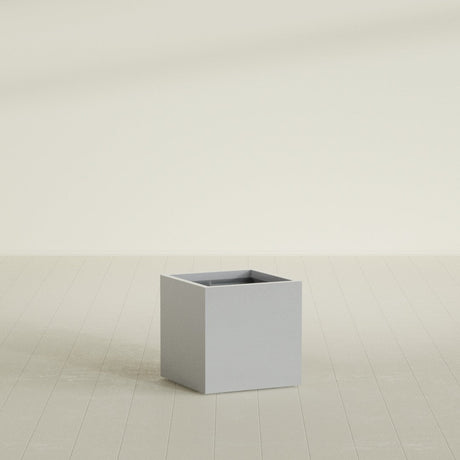 Montroy Cube Planter in Metallic Silver, 24", shown empty