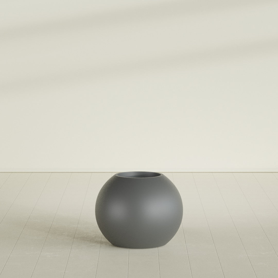 Globe Planter in Matte Gunmetal, 24"D × 19"H, shown empty