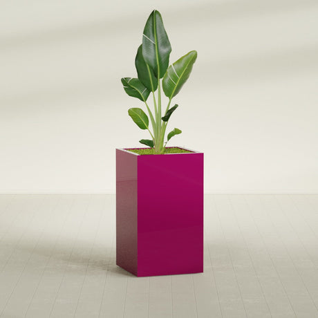 Darwin Rectangular fiberglass planter in Gloss Eggplant, shown planted, in a sunlit interior