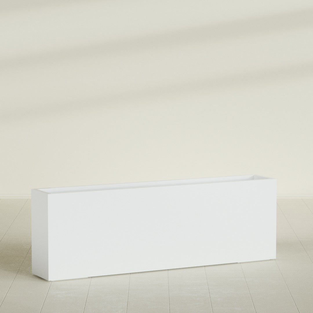 Hollywood Narrow Rectangular Planter in Matte Bright White, 72"L × 12"D × 24"H, shown empty