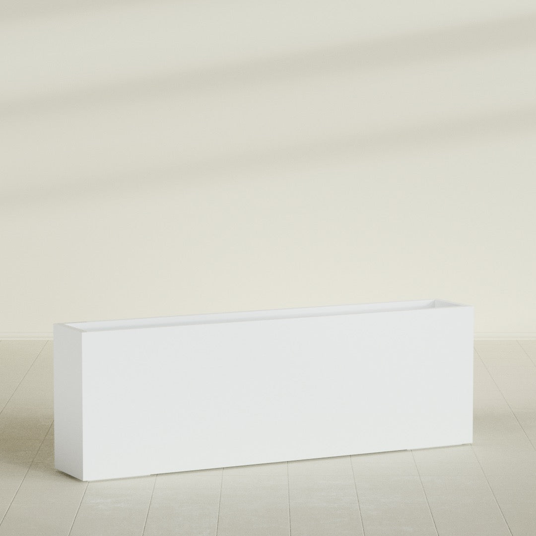 Hollywood Narrow Rectangular Planter in Matte Bright White, 72"L × 12"D × 24"H, shown empty