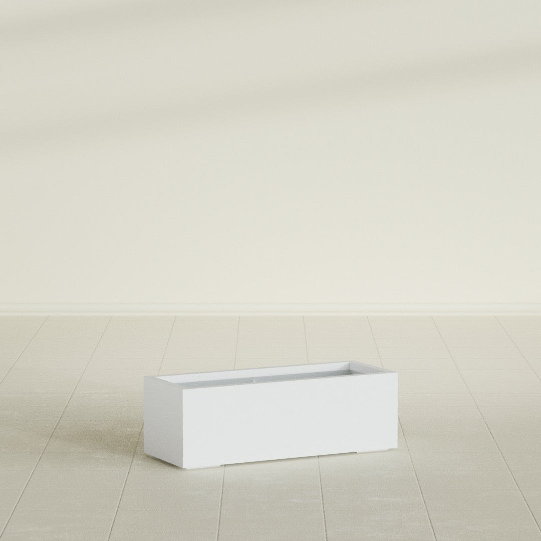 Cuba Low Rectangular Planter in Gloss Bright White, 36"L × 14"D × 12"H, shown empty