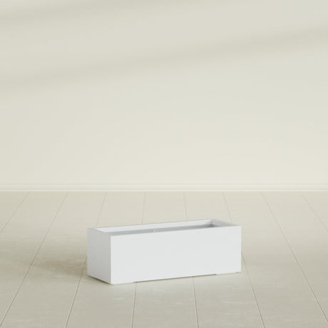 Cuba Low Rectangular Planter in Gloss Bright White, 36"L × 14"D × 12"H, shown empty