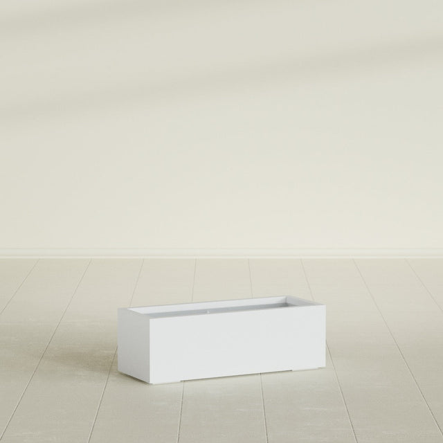 Cuba Low Rectangular Planter in Gloss Bright White, 36"L × 14"D × 12"H, shown empty