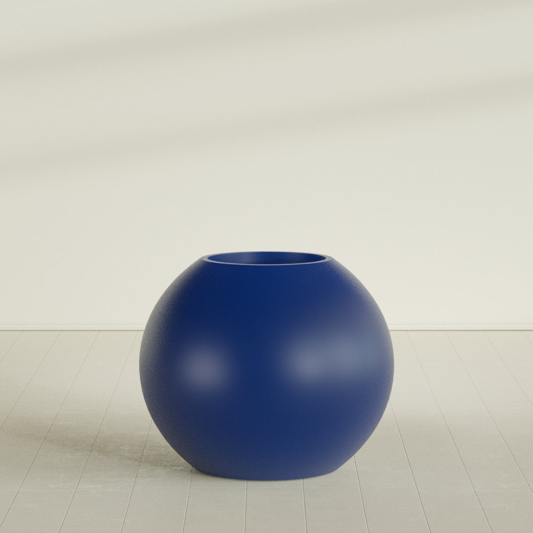 Globe Planter in Matte Cobalt Blue, 36"D × 30"H, shown empty
