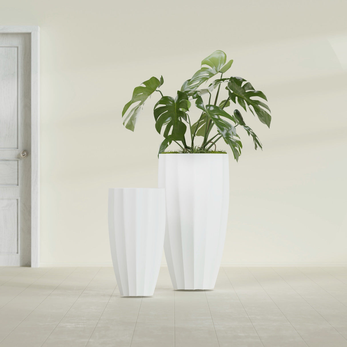 San Jose Tall Fluted fiberglass planter in Matte Bright White, size range, in a sunlit interior