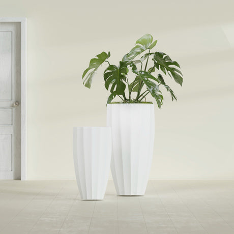 San Jose Tall Fluted fiberglass planter in Matte Bright White, size range, in a sunlit interior