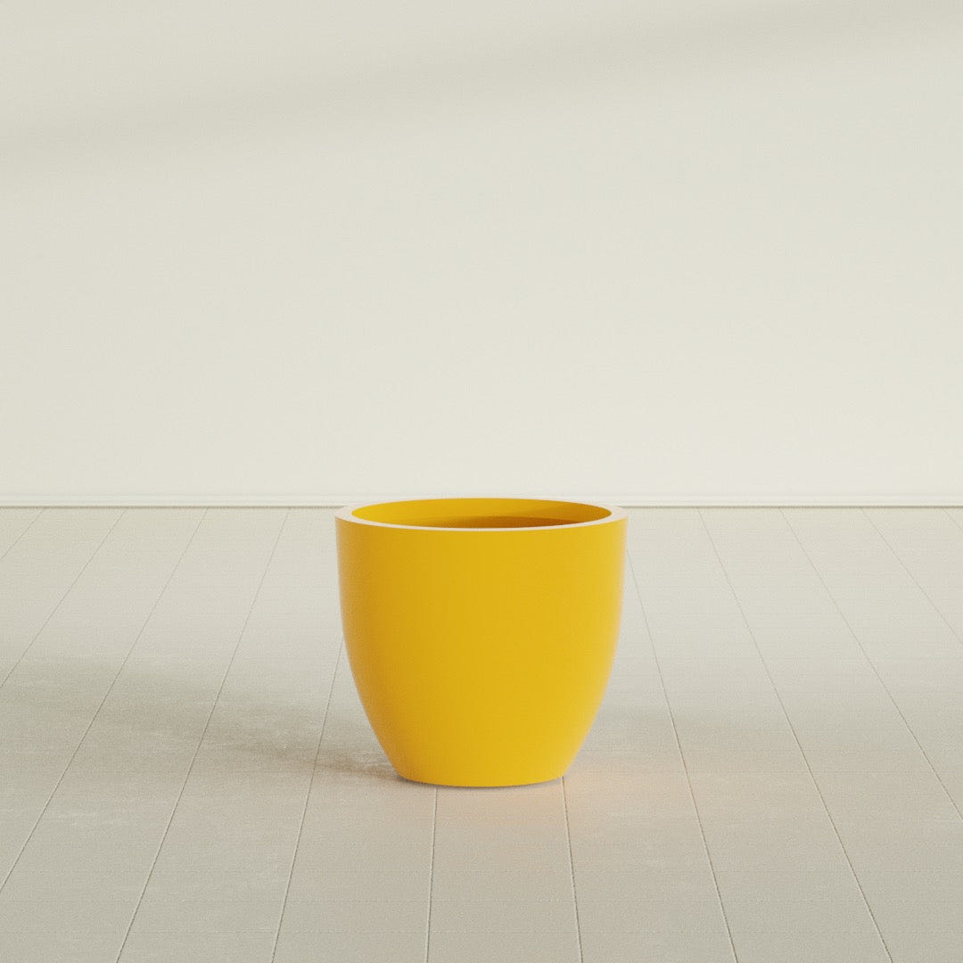 Wannsee Round Planter in Gloss Saffron, 27"D × 24"H, shown empty