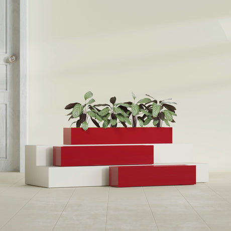 Salon Box fiberglass planter in Gloss Red, size range, in a sunlit interior