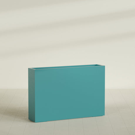 Amesbury Narrow Rectangular Planter in Satin Seafoam Green, 48"L × 10"D × 32"H, shown empty