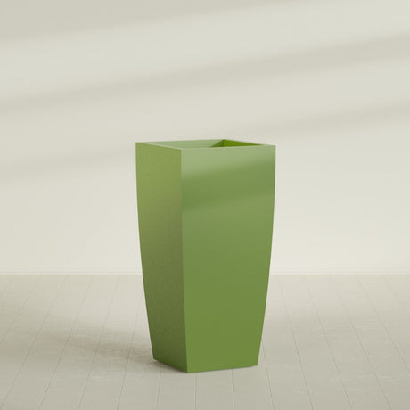 Toulan Tapered Square Planter in Satin Green, 28"W × 60"H, shown empty