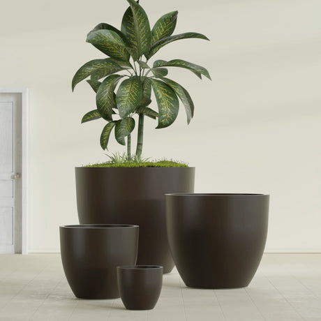 Wannsee Round fiberglass planter in Matte Dark Brown, size range, in a sunlit interior
