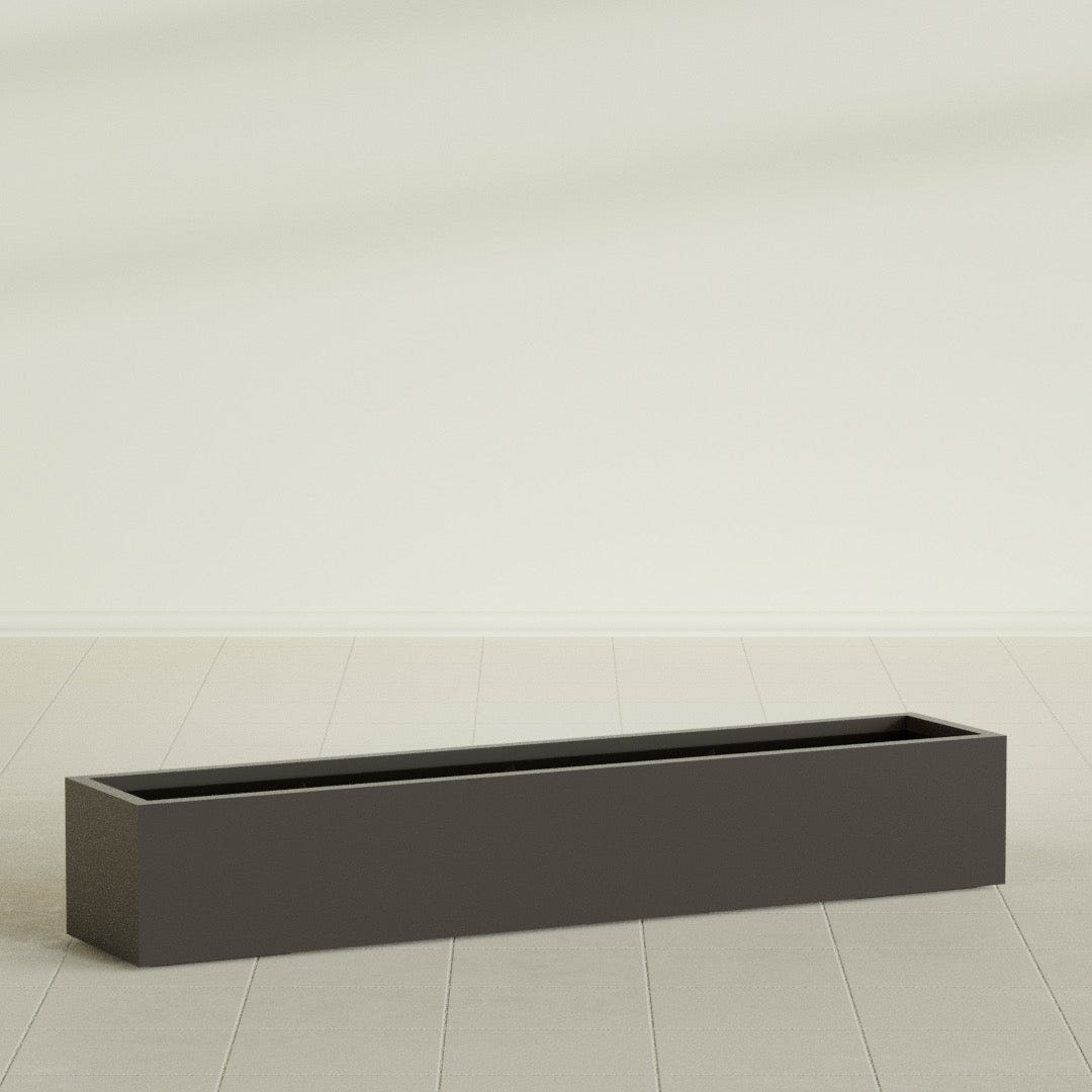 Cuba Low Rectangular Planter in Matte Dark Brown, 72"L × 14"D × 12"H, shown empty