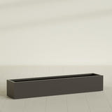 Cuba Low Rectangular Planter in Matte Dark Brown, 72"L × 14"D × 12"H, shown empty