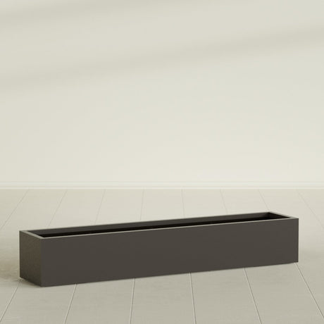 Cuba Low Rectangular Planter in Matte Dark Brown, 72"L × 14"D × 12"H, shown empty