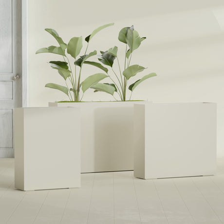 Amesbury Narrow Rectangular fiberglass planter in Satin Beige, size range, in a sunlit interior