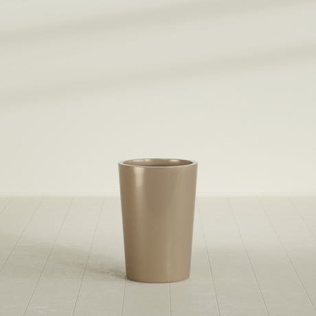 Tegel Round Tapered Planter in Gloss Metallic Gold, 18"D × 26"H, shown empty