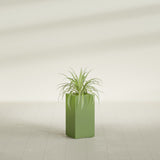 Hollywood Narrow Rectangular fiberglass planter in Satin Green, shown planted, in a sunlit interior