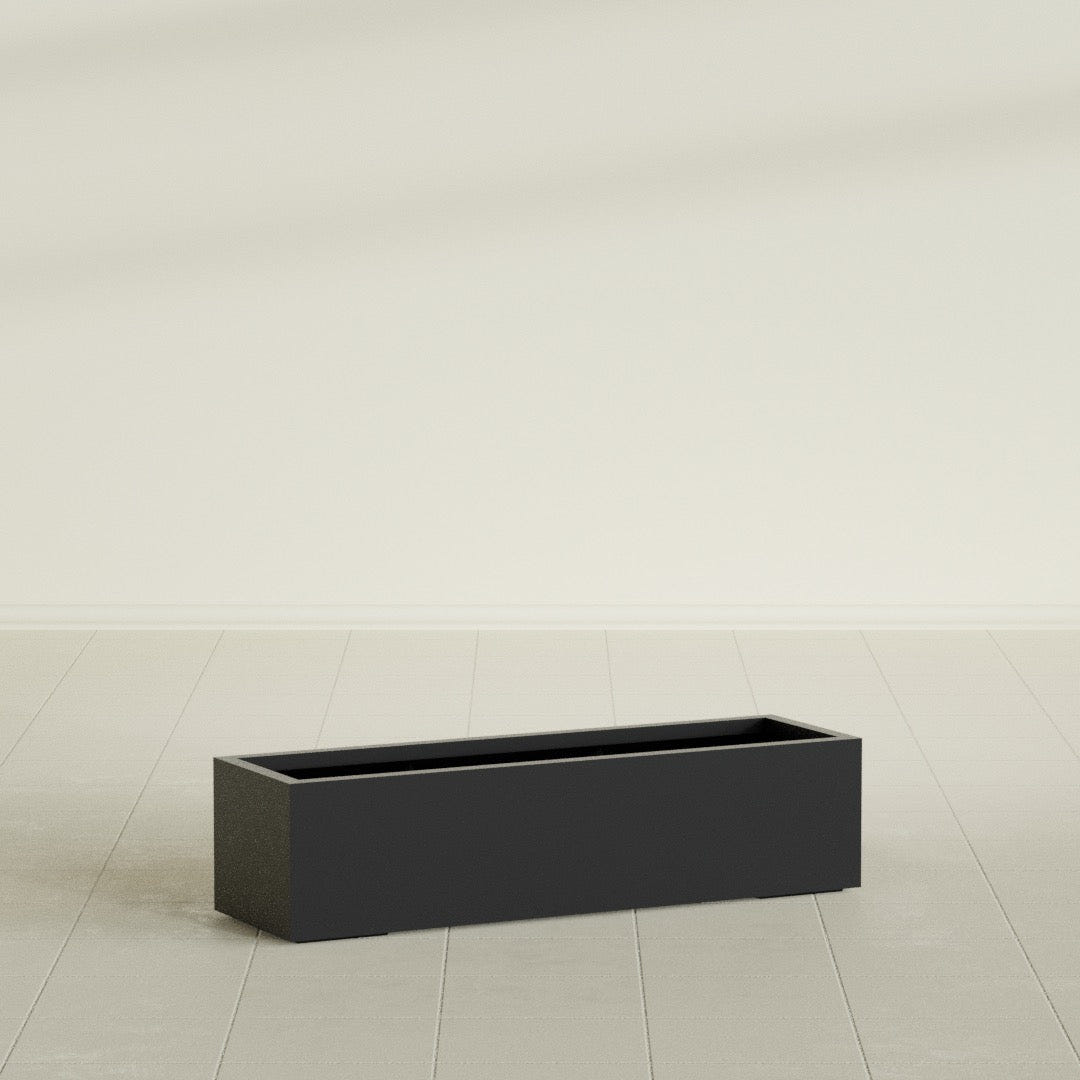 Cuba Low Rectangular Planter in Matte Black, 48"L × 14"D × 12"H, shown empty
