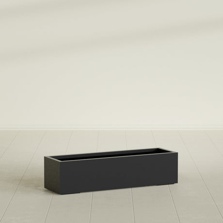 Cuba Low Rectangular Planter in Matte Black, 48"L × 14"D × 12"H, shown empty