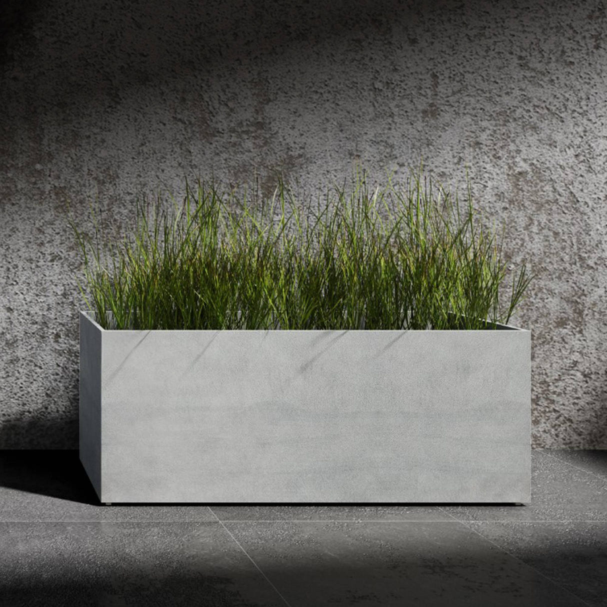 Semplito Grand wide rectangular Cosapots fiberglass planter, shown planted with ornamental grasses against a concrete wall.