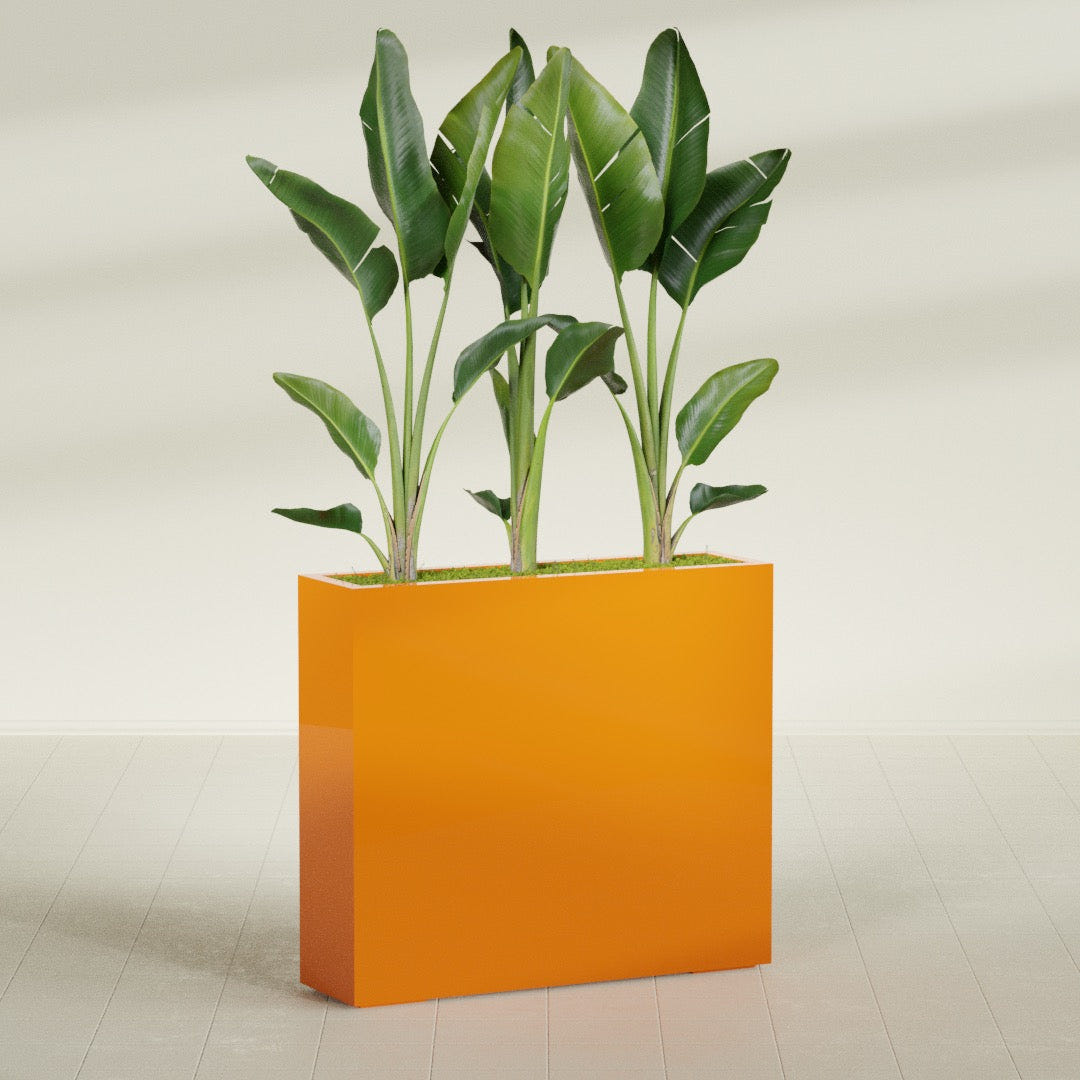 Amesbury Narrow Rectangular fiberglass planter in Gloss Tangerine, shown planted, in a sunlit interior