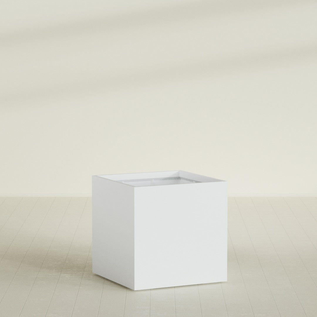 Montroy Cube Planter in Gloss Bright White, 40", shown empty